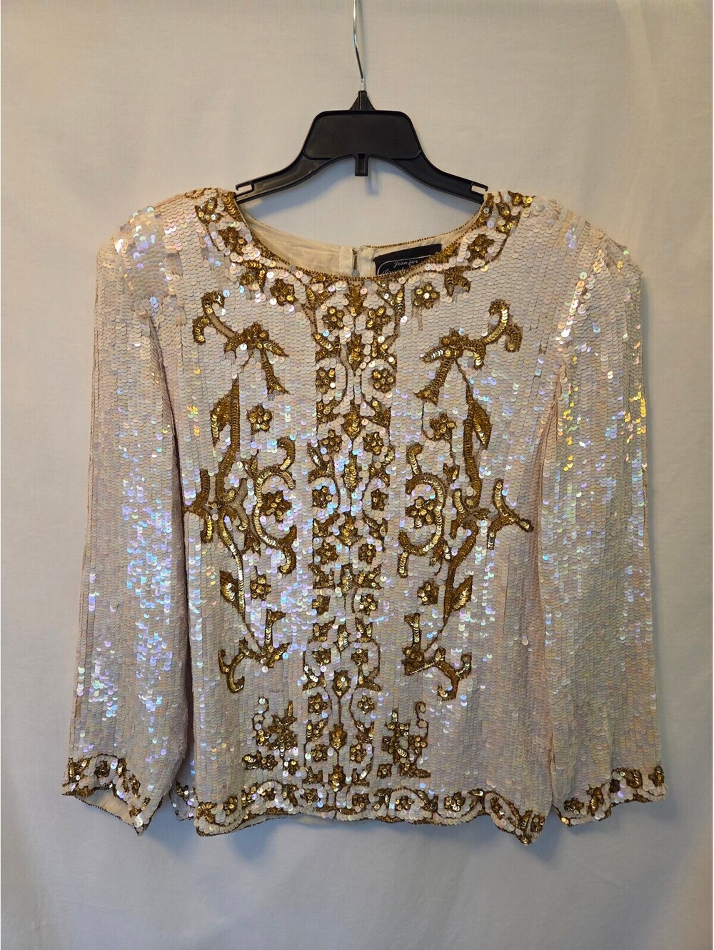 Vintage Jean for Joseph Le Bon 100% Silk Sequin Beaded Blouse M Ivory Gold